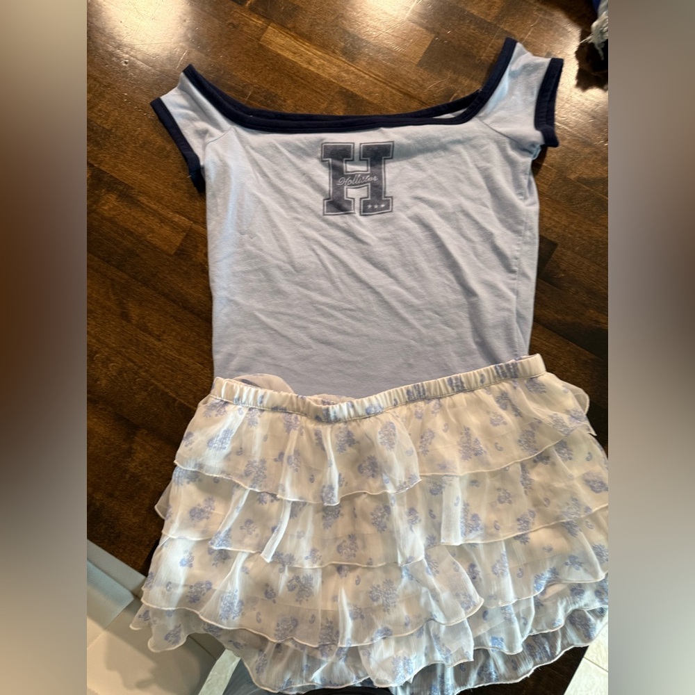 Blue and White Hollister outfit- top is off the shoulder, and skirt is shorts